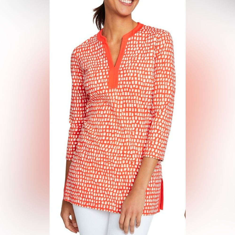 J.McLaughlin NWT Women's Boca Tunic Top Red/Tan Geo Snake. Size S.  I-33